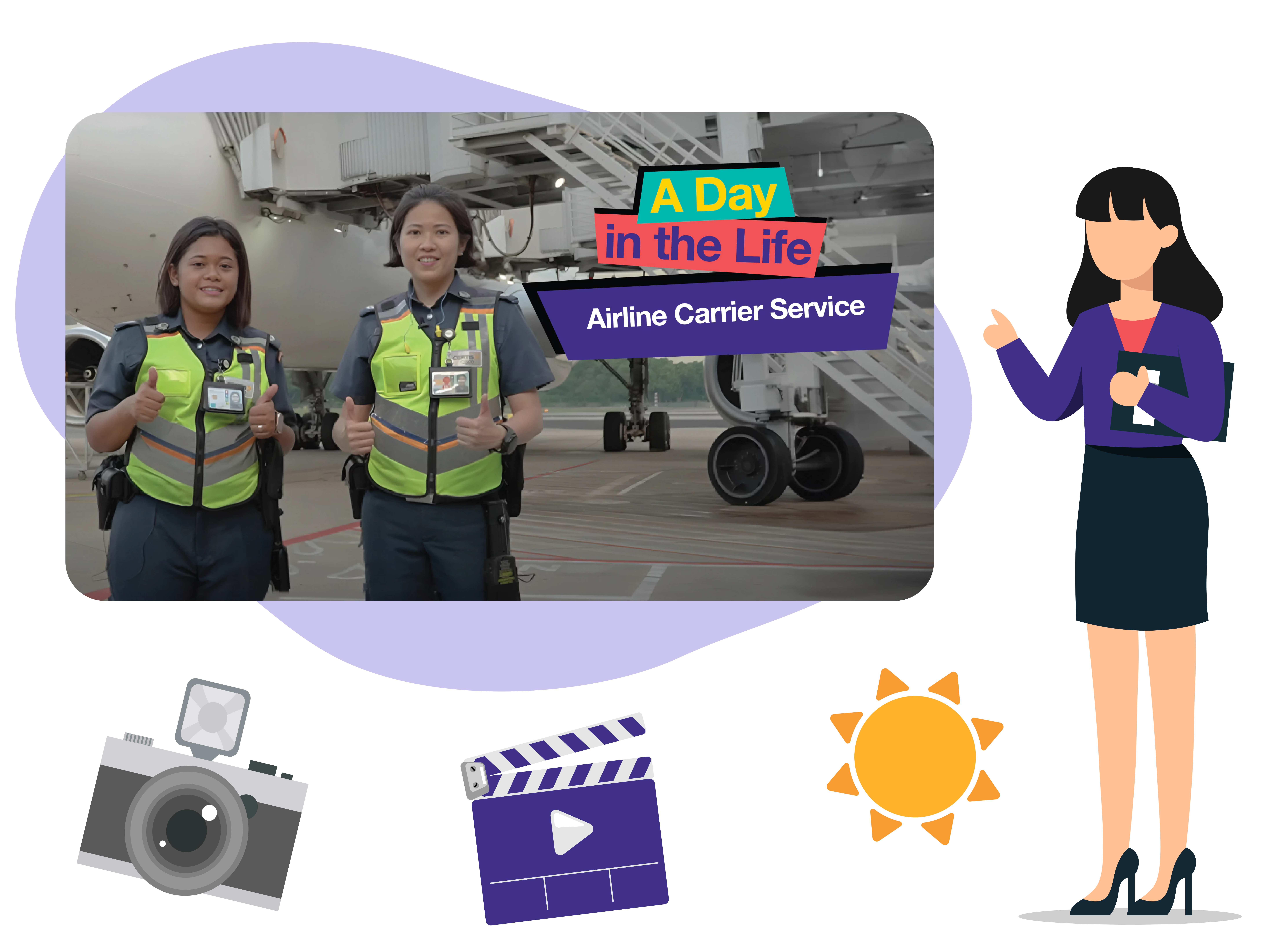 "A Day in the Life: Airline Carrier Service" video featuring workers, plus cartoon woman, camera, clapperboard, and sun.